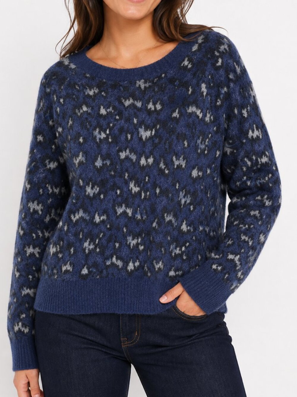 Athleta Womens Merino Wool Animal Print Pullover Sweater Blue Size Medium